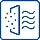 Stylized icon showing a filter capturing particle pollutants, resulting in clean, wavy air flow on the right.