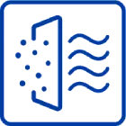 Stylized icon showing a filter capturing particle pollutants, resulting in clean, wavy air flow on the right.