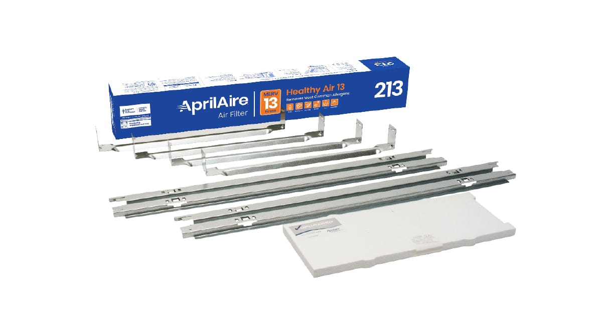 AprilAire MERV 13 air filter box with metal frame rails and a white filter media pad on a white background.