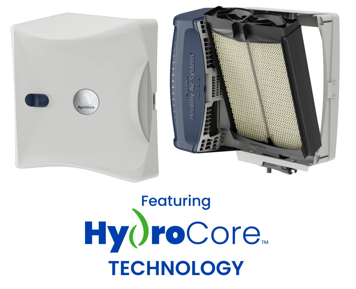 AprilAire 700 series whole-house humidifier shown assembled and with the HydroCore filter exposed.