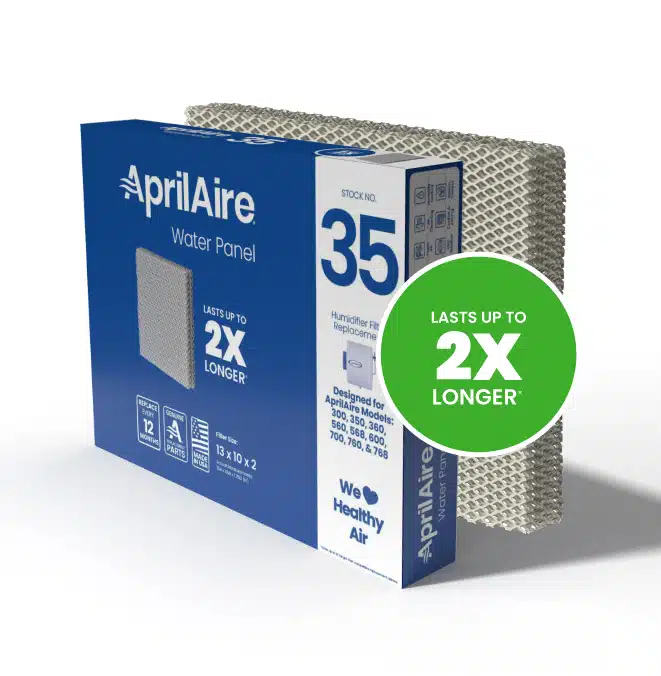 AprilAire Water Panel Stock No. 35 packaging and replacement filter with a badge stating it lasts up to 2x longer.