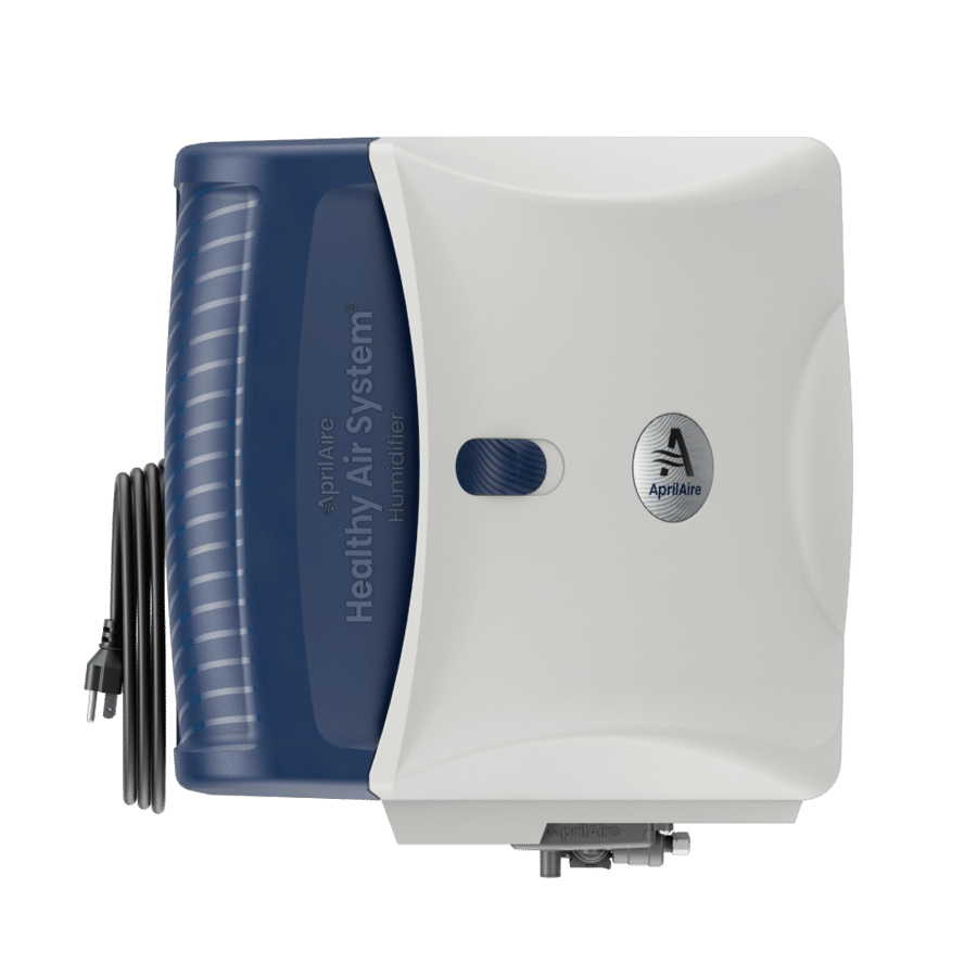 Top-down studio shot of the AprilAire Healthy Air System Humidifier, featuring a blue left side and a white front cover.