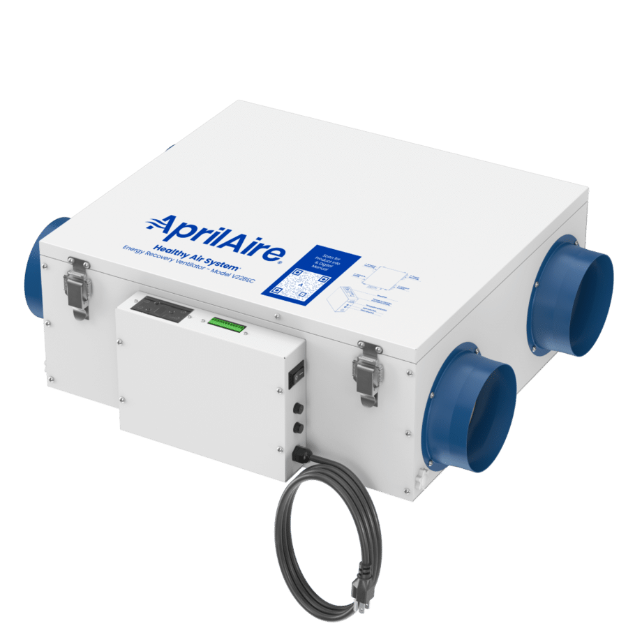 White AprilAire V22BEC energy recovery ventilator unit with four blue duct ports and a power cord on a gray background.