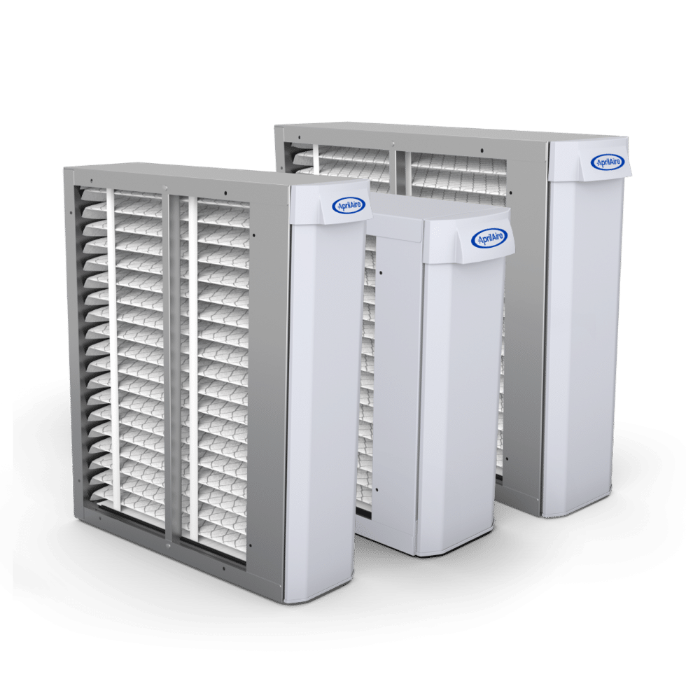 Three various-sized AprilAire whole-home air purifiers featuring high-performance filters and professional metal housings
