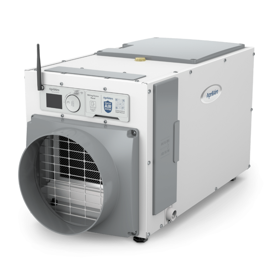 White AprilAire dehumidifier unit with a digital display, antenna, and large grey air duct on a white background.
