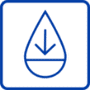 Blue line icon of a water drop with a downward-pointing arrow to indicate decreasing humidity levels.
