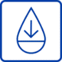 Blue line icon of a water drop with a downward-pointing arrow to indicate decreasing humidity levels.