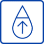 Blue line icon featuring a water drop with an upward-pointing arrow, symbolizing an increase in humidity.