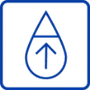 Blue line icon featuring a water drop with an upward-pointing arrow, symbolizing an increase in humidity.