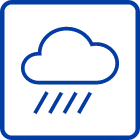 Minimalist blue line icon of a cloud with four slanted rain lines beneath it on a green background.