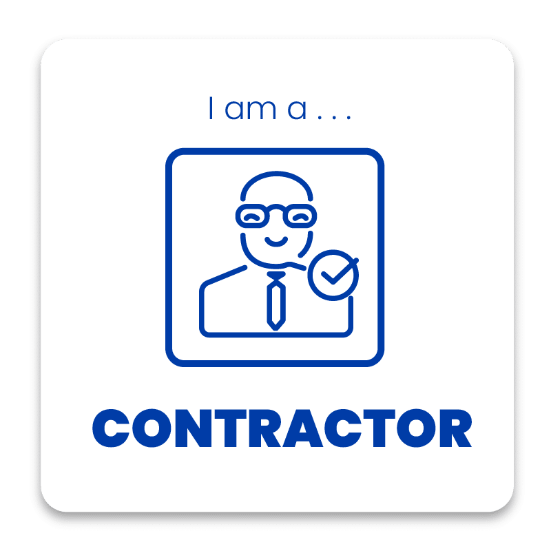 Blue line art icon of a professional with a checkmark and the text 