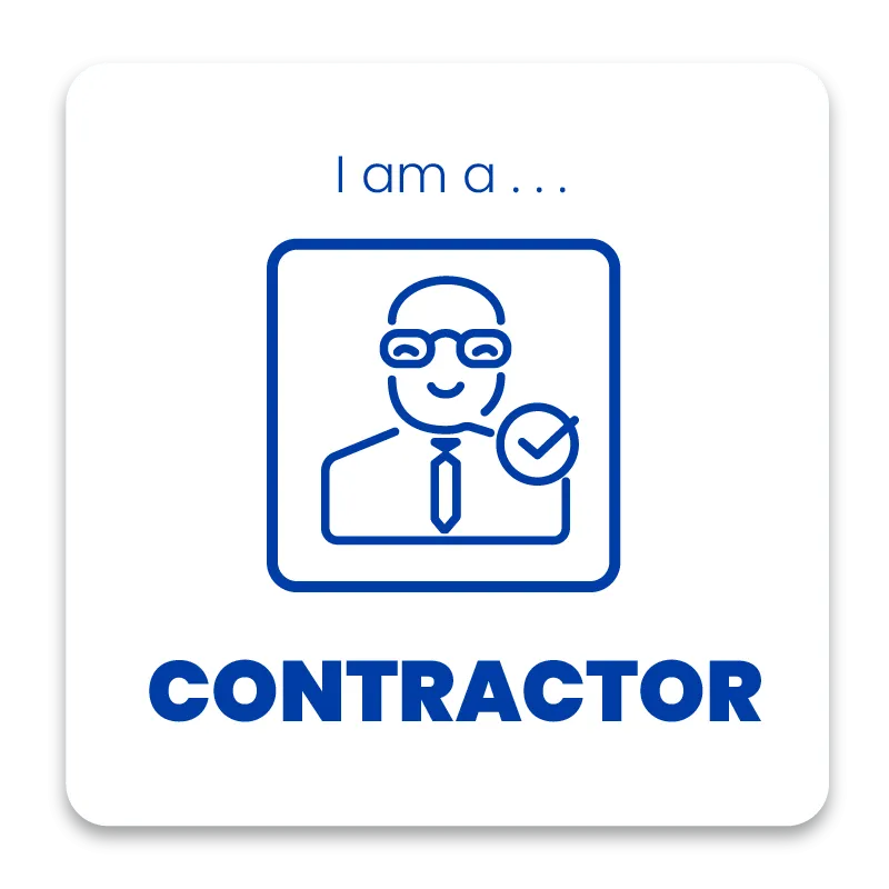 Blue line art icon of a professional with a checkmark and the text "I am a CONTRACTOR" on a white square card.