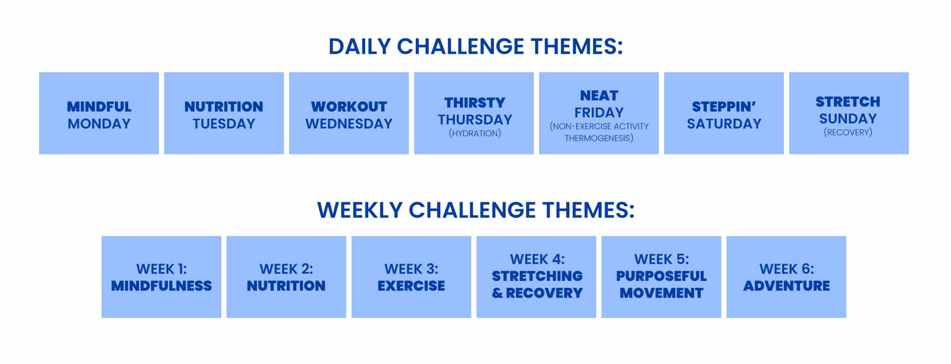 Infographic displaying wellness themes like Mindful Monday and Weekly Mindfulness for a 6-week challenge.