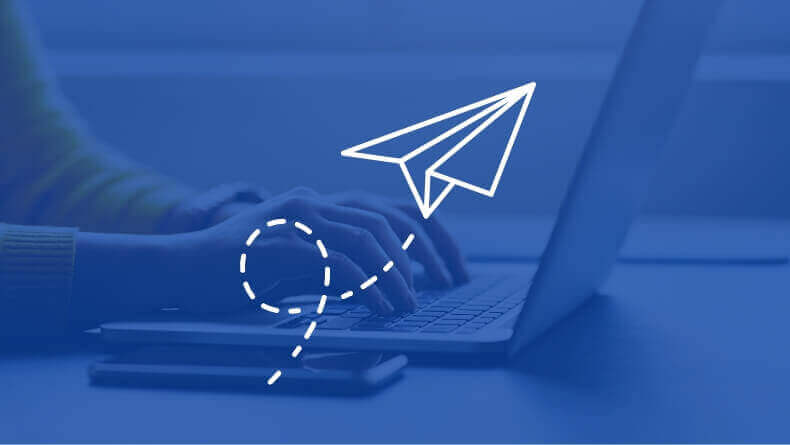 Hands typing on a laptop keyboard with a white line drawing of a paper airplane following a dashed path across a blue background.