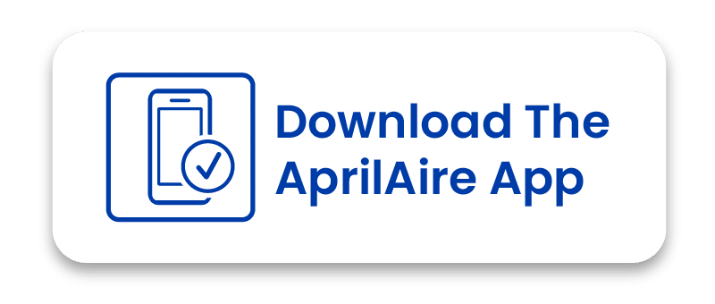 Blue outline icon of a smartphone with a checkmark next to the text Download The AprilAire App.