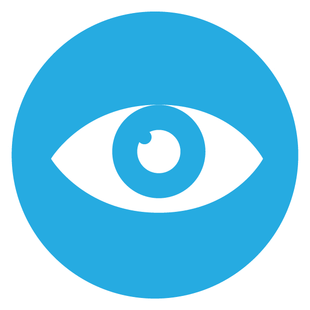 White silhouette of an open eye inside a light blue circle, representing dry eye symptoms.
