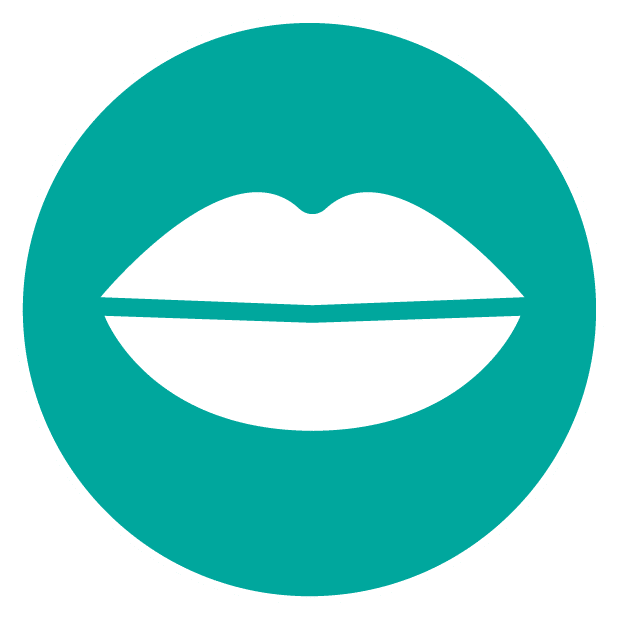 Teal circular icon featuring a white silhouette of a closed pair of lips, representing dry mouth.