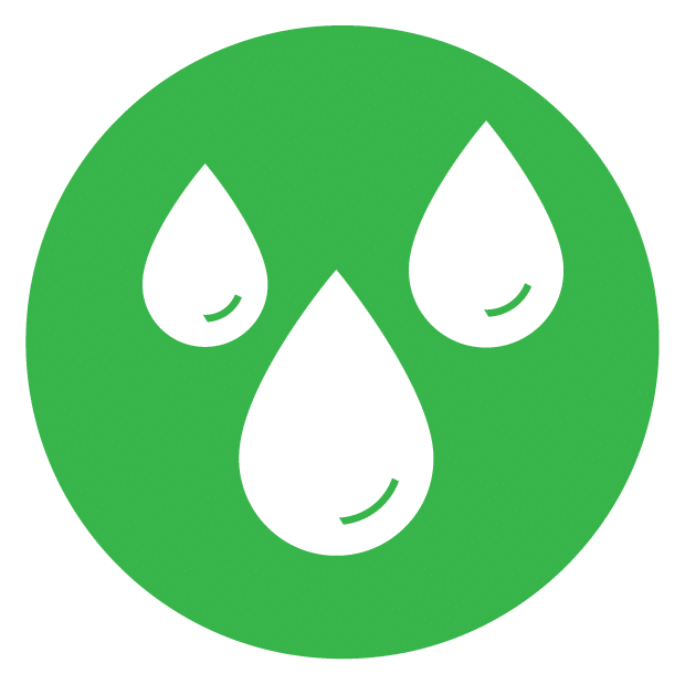 Three white water droplets centered inside a green circle, representing skin hydration symptoms.