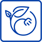 Blue line icon of a leaf merged with an electrical plug inside a rounded square border.