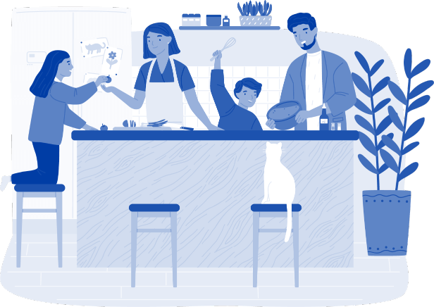 A blue stylized illustration of a family of four and their cat preparing a meal together in a modern kitchen.