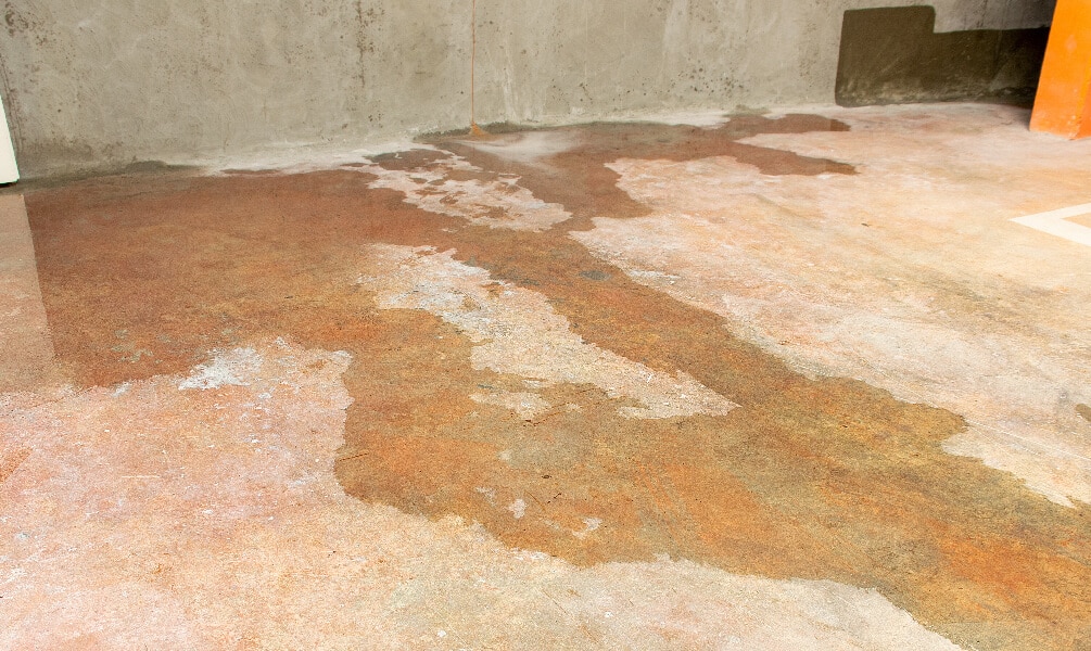 Standing water and damp stains spread across a concrete floor in an unfinished basement with gray cinder block walls.
