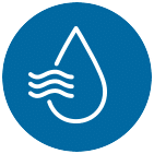 White line art of a water droplet and breeze waves inside a dark blue circle.