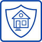 Blue line art icon featuring a house centered inside a protective shield symbol.