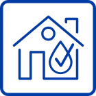 Blue line-art icon depicting a house with a droplet of water and a checkmark inside, symbolizing water conservation and protection.