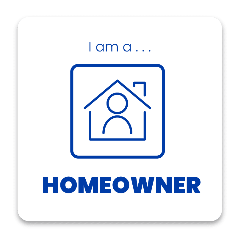 Blue line art icon of a person inside a house with the text 