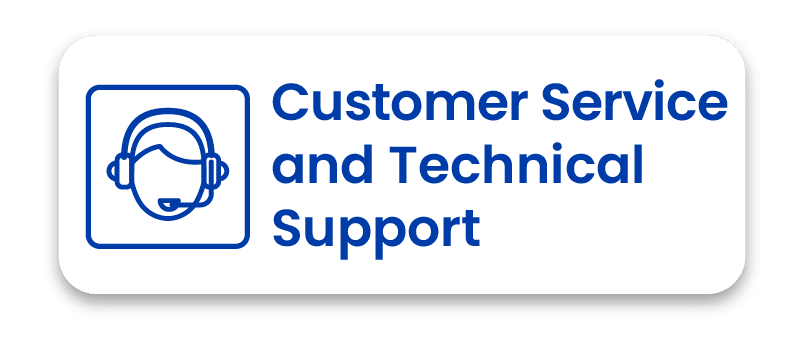 Blue text for Customer Service and Technical Support with a headset icon on a white rounded button.