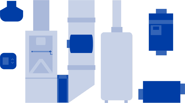 A flat blue illustration showing various HVAC components including a furnace, ductwork, and air filtration units.