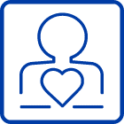 A deep blue outline icon of a person's torso with a heart graphic on the chest, often used to symbolize health or medical.