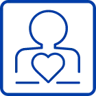 A deep blue outline icon of a person's torso with a heart graphic on the chest, often used to symbolize health or medical.