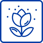 A blue, outlined icon of a flower surrounded by small dots, symbolizing pollen, allergens, or environmental threats.