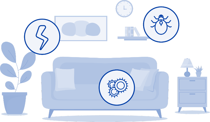 A blue stylized living room with icons for power, settings, and software bugs floating over a sofa and furniture.