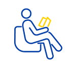 A blue line-art person sits comfortably in a lounge chair reading a yellow book.