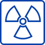 Minimalist blue line icon of the standard three-blade radiation trefoil symbol on a green background.