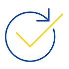 A yellow check mark inside a blue circular arrow indicating reliability and completed service.