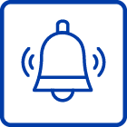 Blue outline of a ringing bell with sound waves on each side, representing alerts and staying informed.