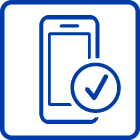 Blue outline of a smartphone with a checkmark in a circle, representing remote control or successful connection.
