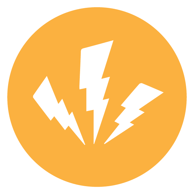 Three white lightning bolt symbols centered inside an orange circle.