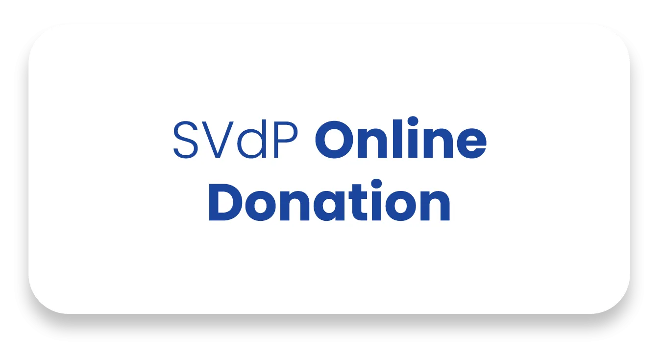 White rectangular banner with rounded corners featuring the blue text "SVdP Online Donation".