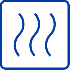 Minimalist blue line icon showing three vertical wavy lines representing heat, dryness, or steam on a green background.