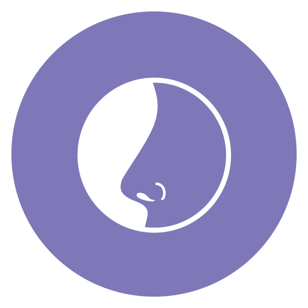 White silhouette of a human nose centered inside a purple circle, representing air quality and odors.