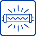 Outline icon in blue of a glowing UV light bulb or tube with radiating light rays, centered inside a rounded square border.