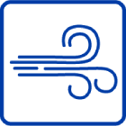 Blue line art icon of wind gusts swirling inside a rounded square frame on a white background.