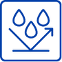 Blue line icon showing three water droplets bouncing off a horizontal surface with a reflective arrow.