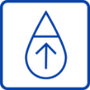 Blue line icon of a water droplet with an upward-pointing arrow inside, indicating increased humidity levels.