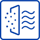 Blue icon showing dust particles being trapped by a filter screen, with clean wavy air lines passing through.