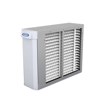 AprilAire 1110 whole-home air cleaner with a silver metal frame and white pleated filter media for HVAC systems.